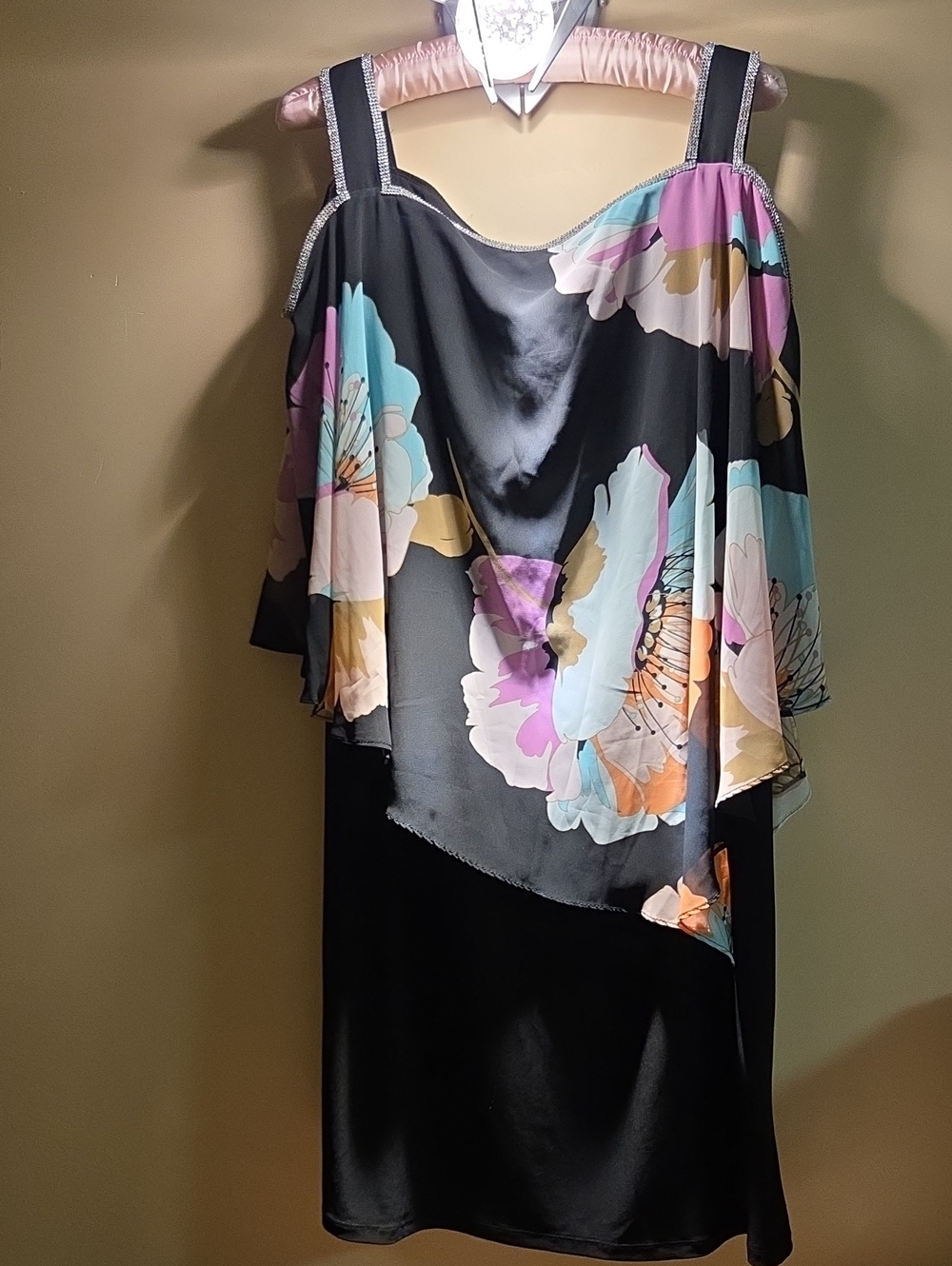 MSK Black Asymmetrical Floral Overlay Dress with Pastel Accents